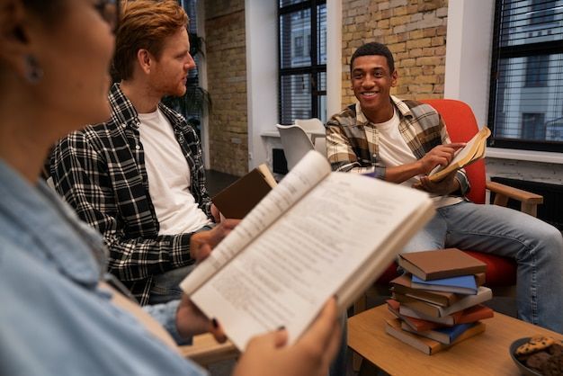 students in a group reading 