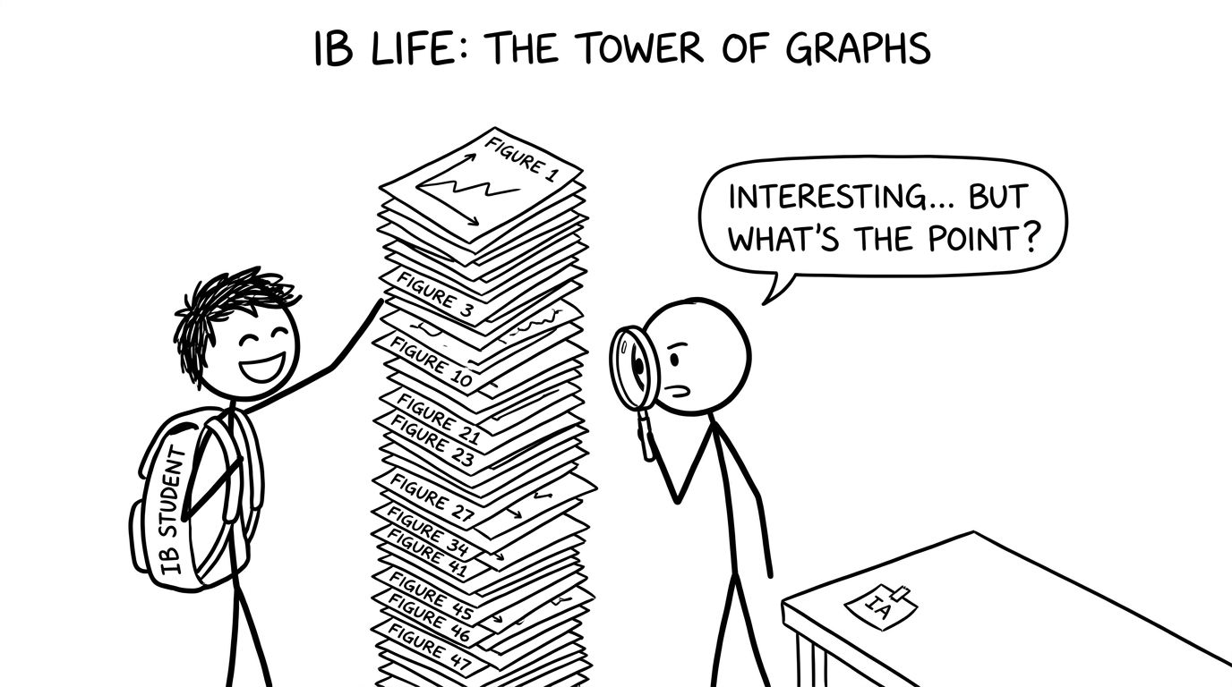 A student stacks a ridiculous tower of graphs while the examiner asks what the point is