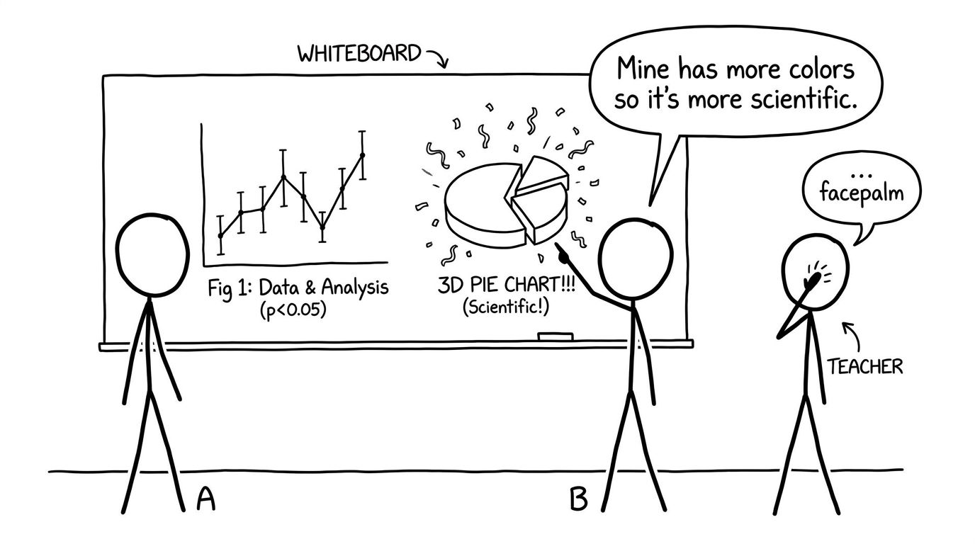 Two students argue: clean error bars vs a chaotic 3D pie chart
