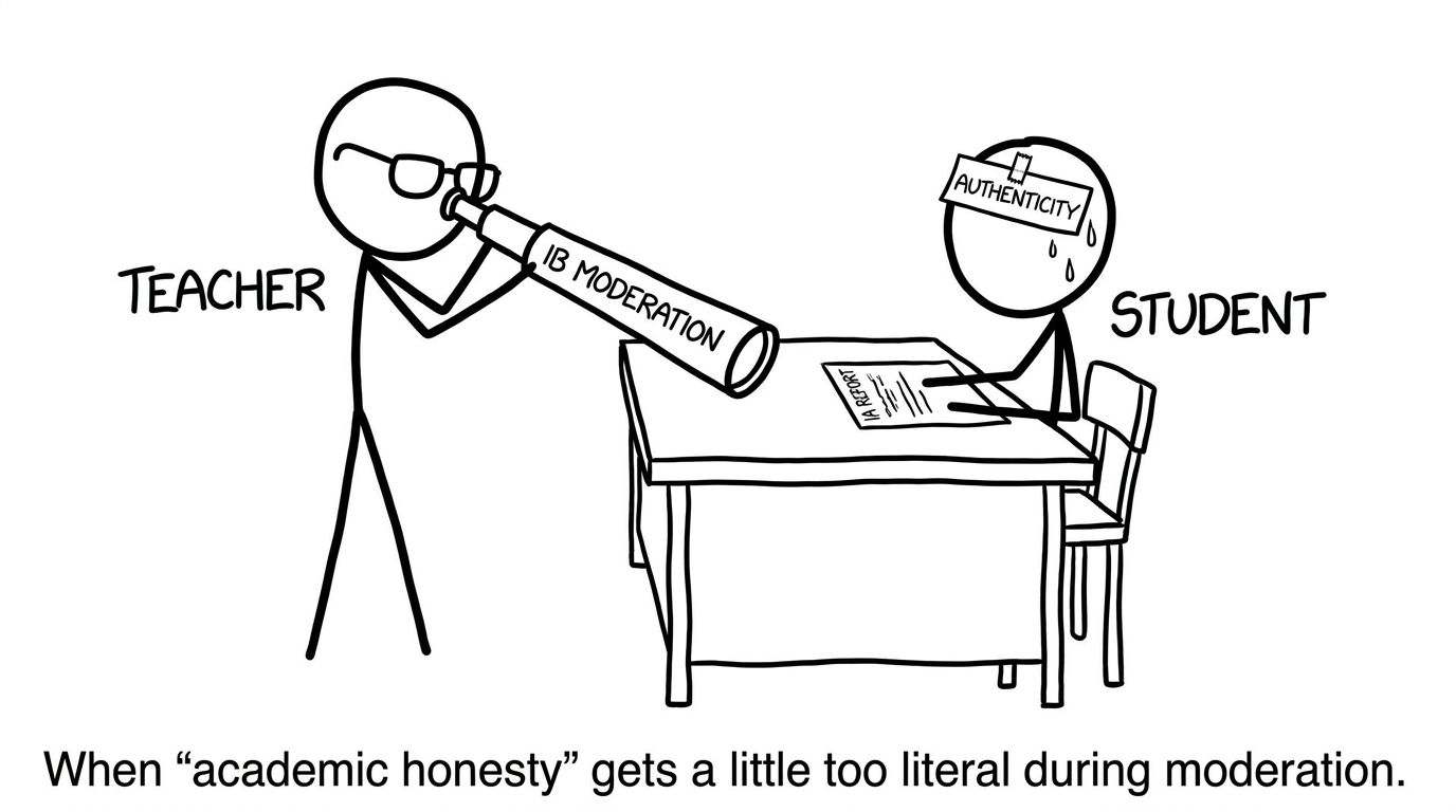 Teacher with telescope labeled IB moderation