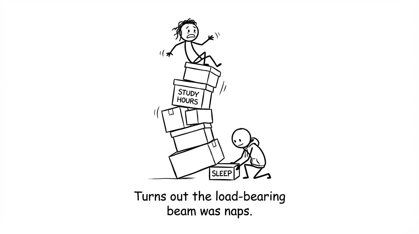 A sleep block holding up the study tower
