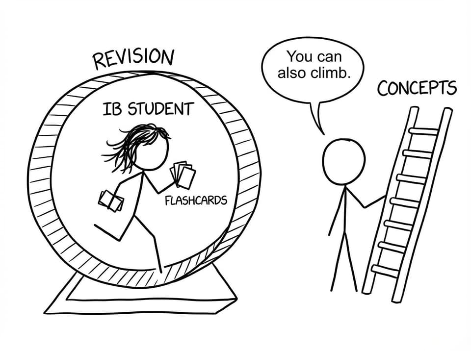 A hamster wheel labeled “Revision” next to a ladder labeled “Concepts”