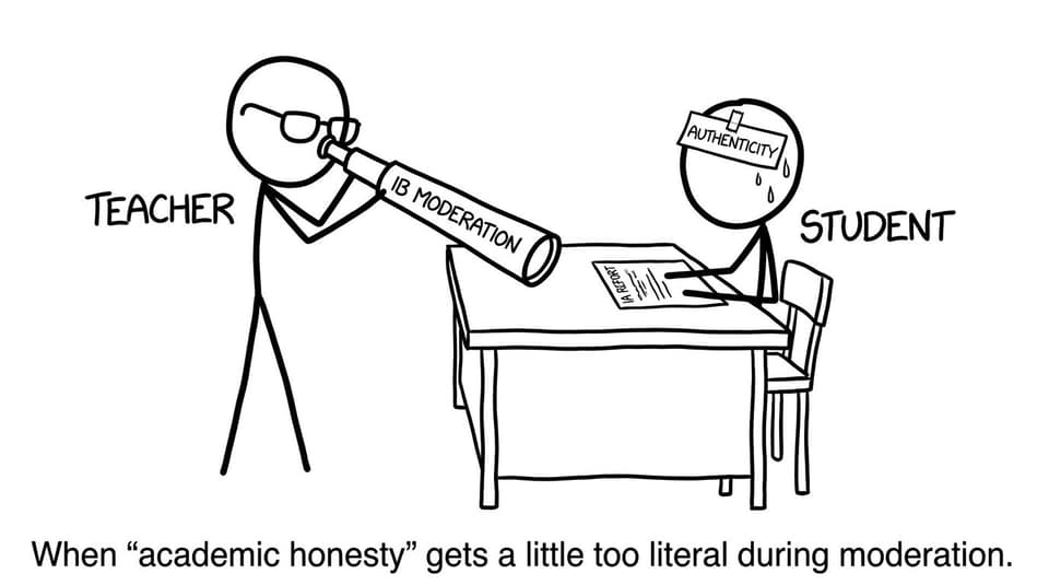 Teacher with telescope labeled IB moderation