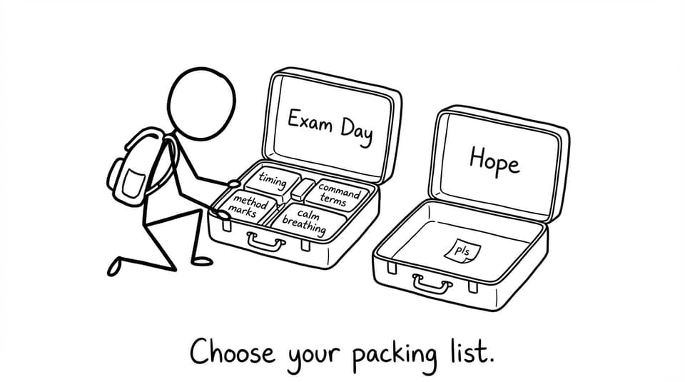 Two suitcases: “Exam Day” vs “Hope”