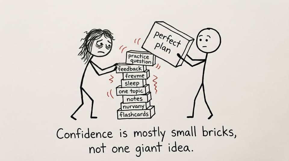 Stick-figure comic about building a confidence tower from small bricks, not a perfect plan