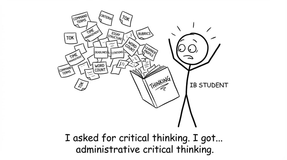 IB student opens a notebook labeled Thinking and confetti of command terms flies out