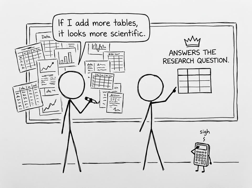 Two students debate adding more tables to look scientific while a calculator facepalms