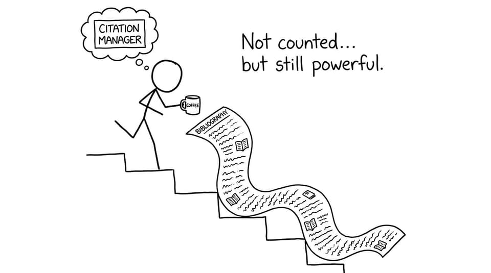 A bibliography scroll tumbling down stairs while a student chases it
