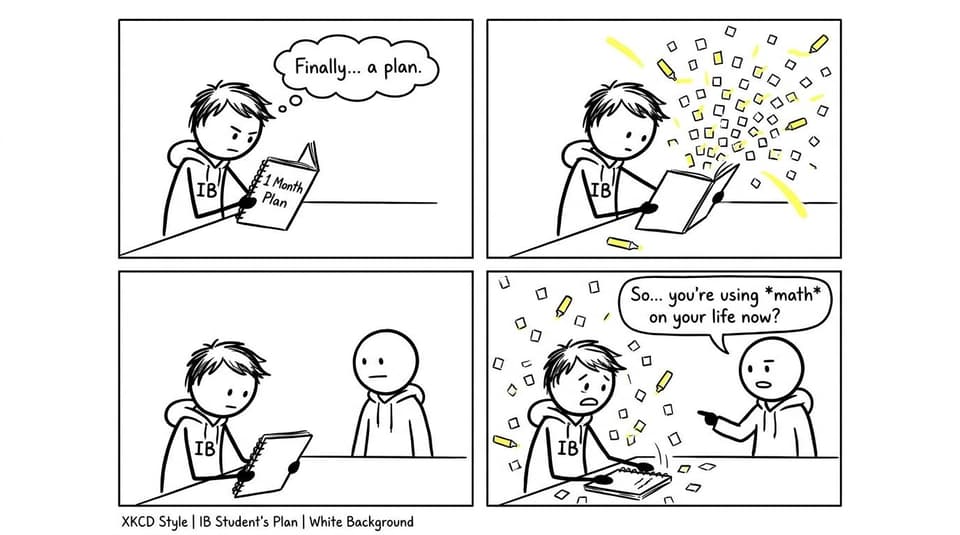 A stressed student opens a one-month plan and confetti of checkboxes explodes