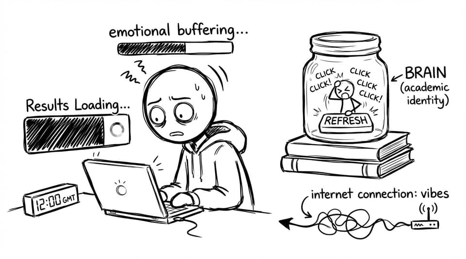 Stick-figure student refreshing results page