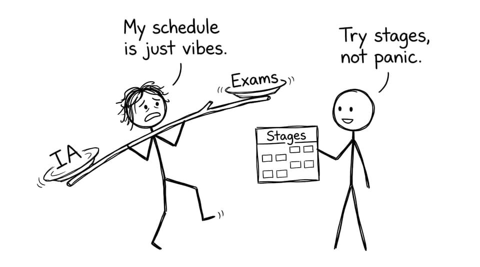 Comic about balancing IA and exams with stages