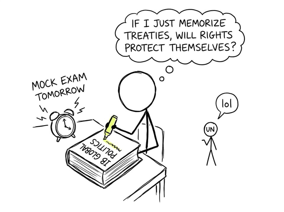 A student wonders if memorizing treaties is enough; the tiny UN says “lol”