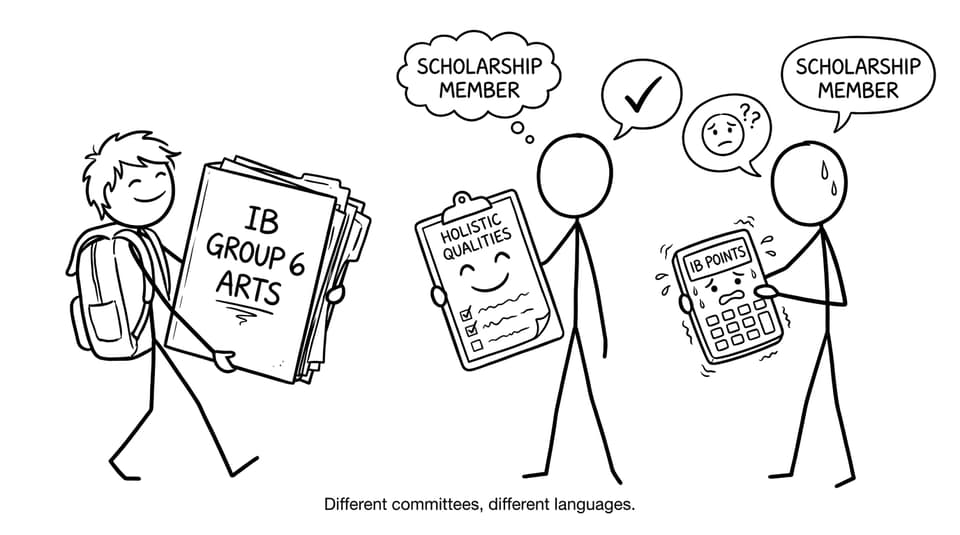 An IB student with an art portfolio meets a scholarship committee