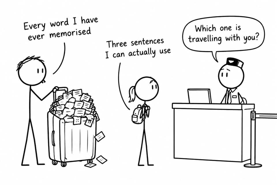 A student at an airport counter chooses between an enormous suitcase of memorised words and a small backpack of usable sentences