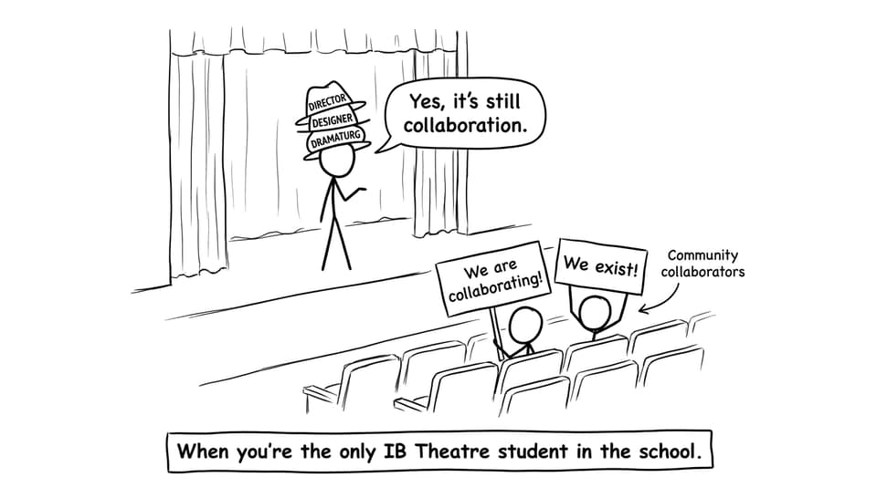 A lone student wearing multiple theatre roles while friends collaborate