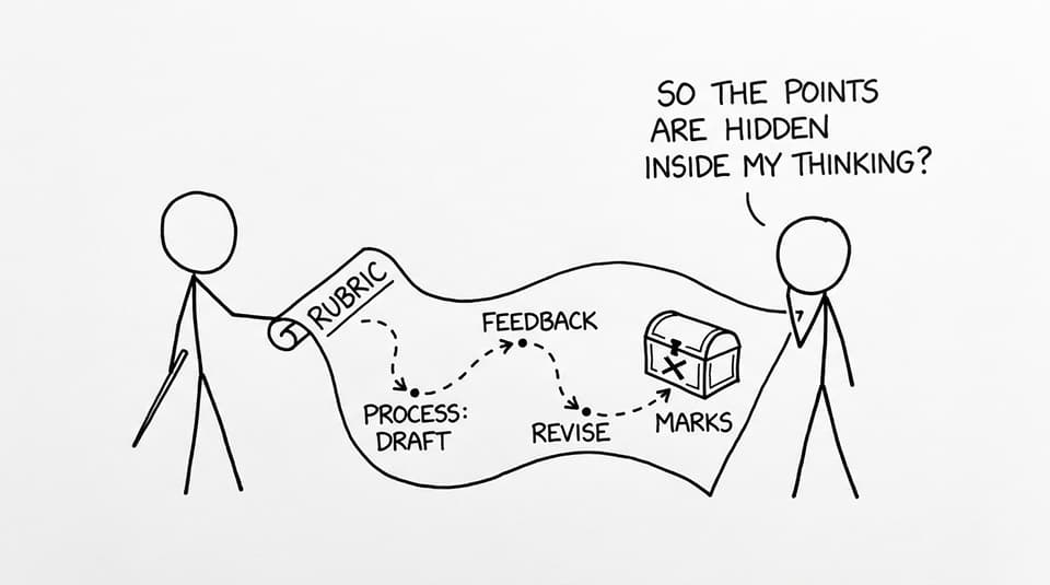 A teacher hands a rubric as a treasure map leading to a chest labeled Marks
