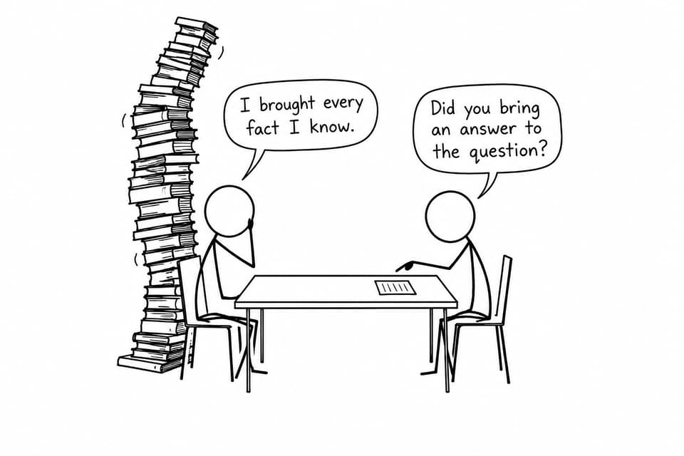 Two students compare an enormous pile of memorized facts with the need to answer the actual question