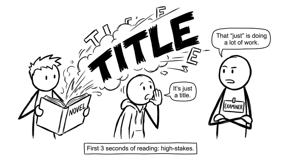 A dramatic title jumps out of a book in a funny comic