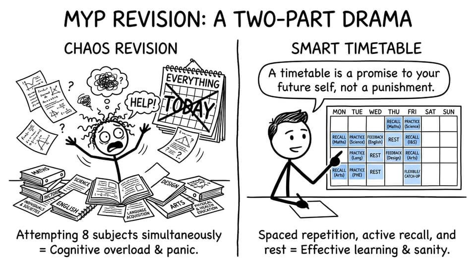 XKCD-style comic showing an overwhelmed MYP student replacing an everything-today plan with a calm weekly timetable