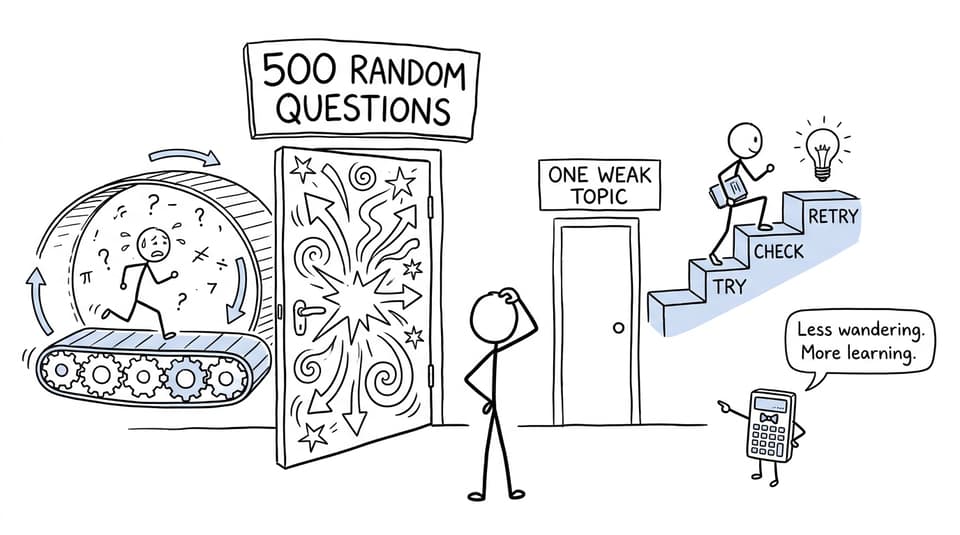 Comic contrasting random questions with focused practice