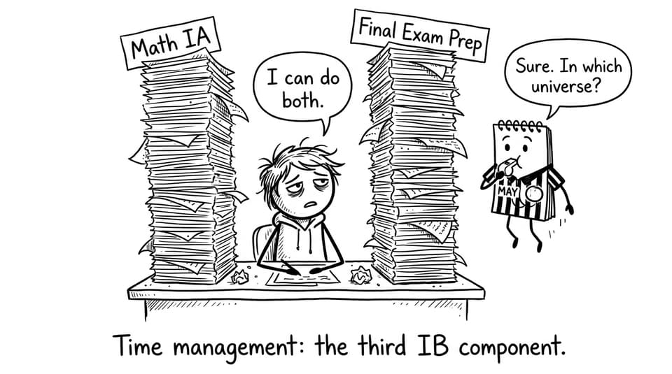 Stressed IB student balancing Math IA and exam prep