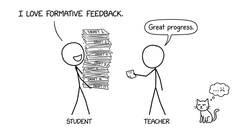 Student holding Draft 17 with tiny feedback note