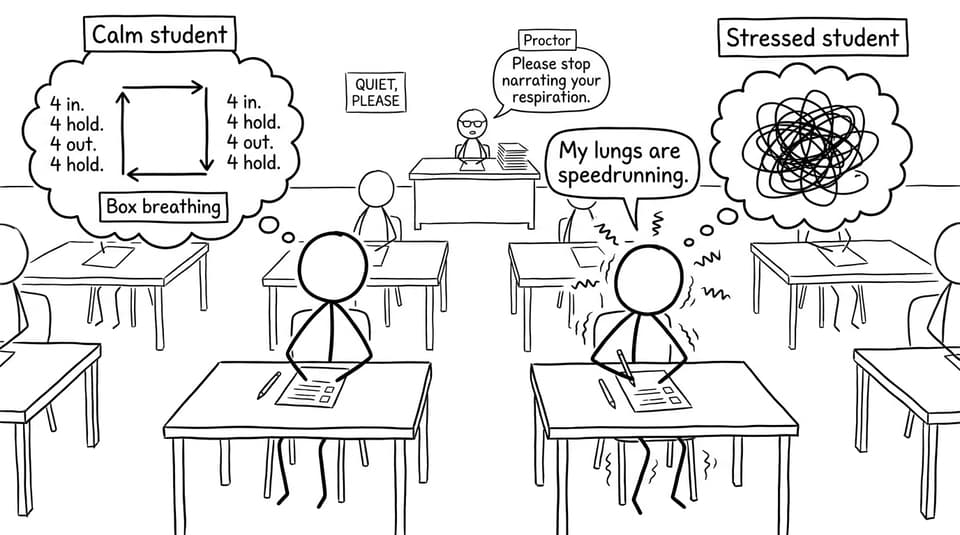 Two students: one box breathing, one speedrunning lungs