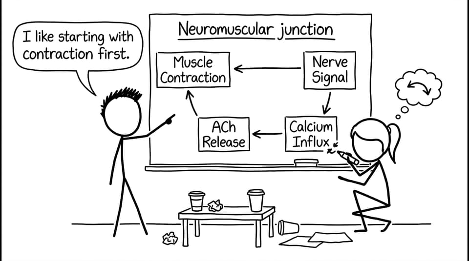 Backwards neuromuscular junction flowchart comic