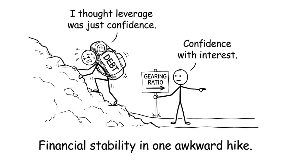 A gearing ratio hike with a backpack labeled Debt