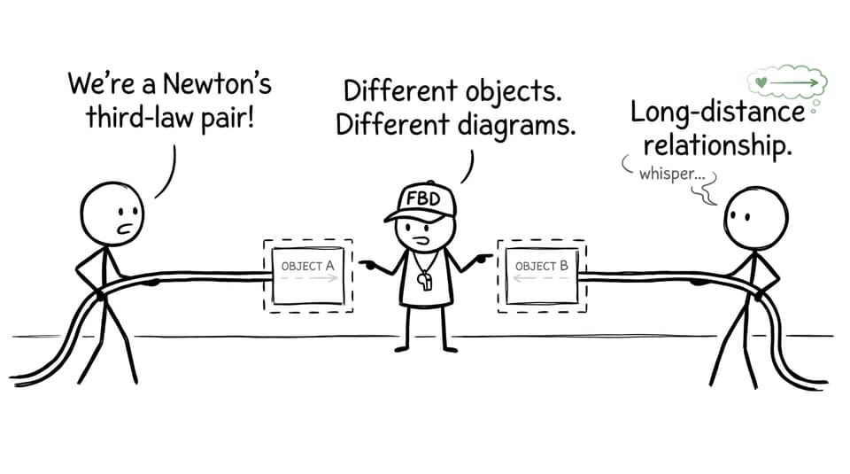 Two separated objects learning that a Newton's third-law pair belongs on different free body diagrams