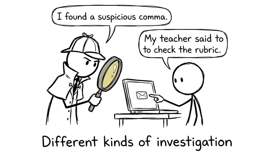 A parent investigates a comma while the student points back to the rubric