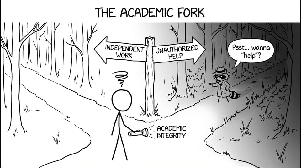 Academic integrity fork with shady raccoon helper