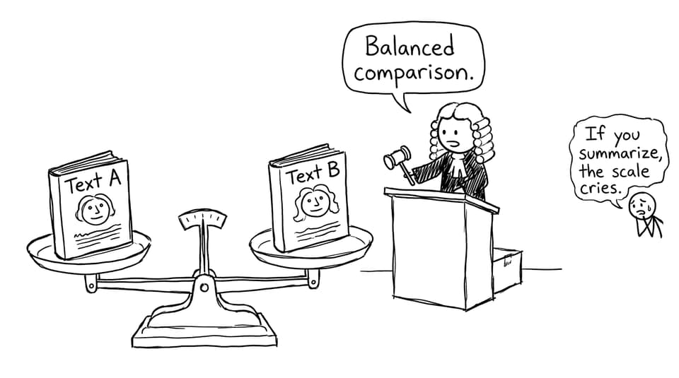 Two books on a scale, warning against summarizing