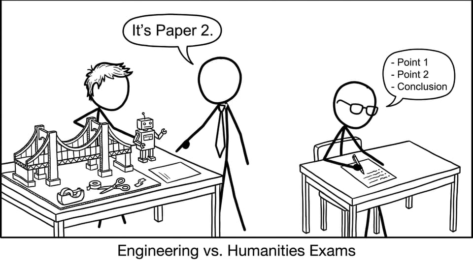One student builds a prototype in the exam; another writes structured answers