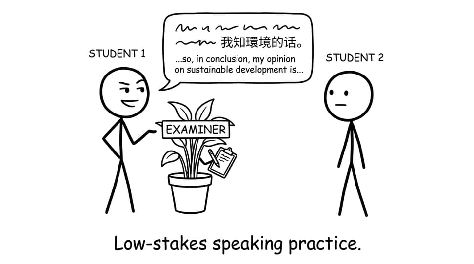 Student practices oral with a houseplant labeled Examiner holding a clipboard