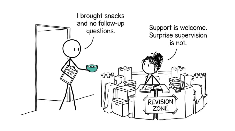 A parent offers snacks without surprise supervision outside a student's elaborate revision zone