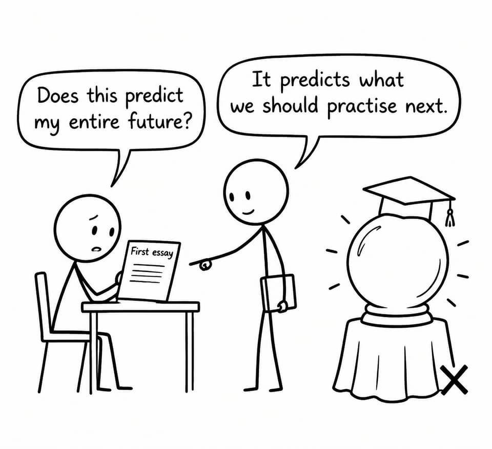 A student asks whether a first essay predicts the future while a teacher explains that it predicts what to practise next.