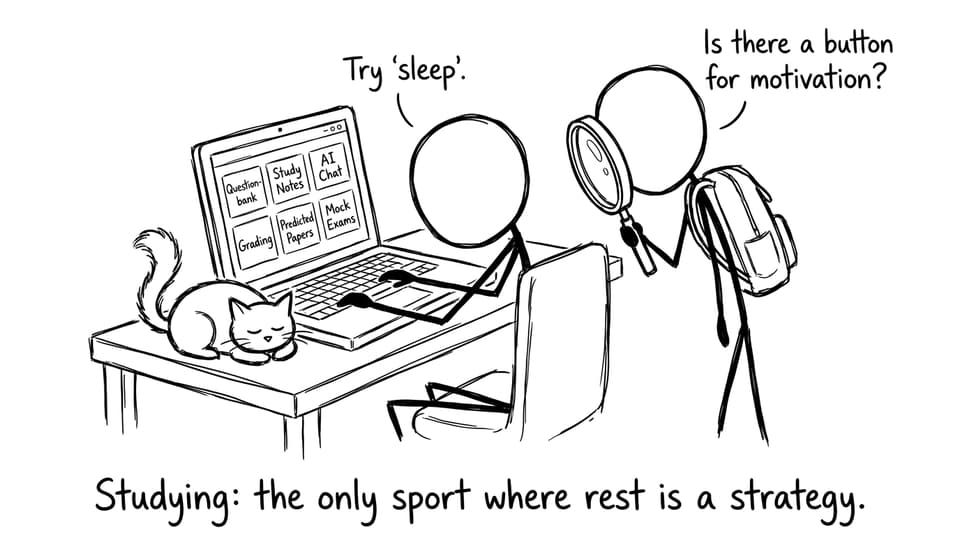 Students asking if RevisionDojo has a motivation button; cat suggests sleep