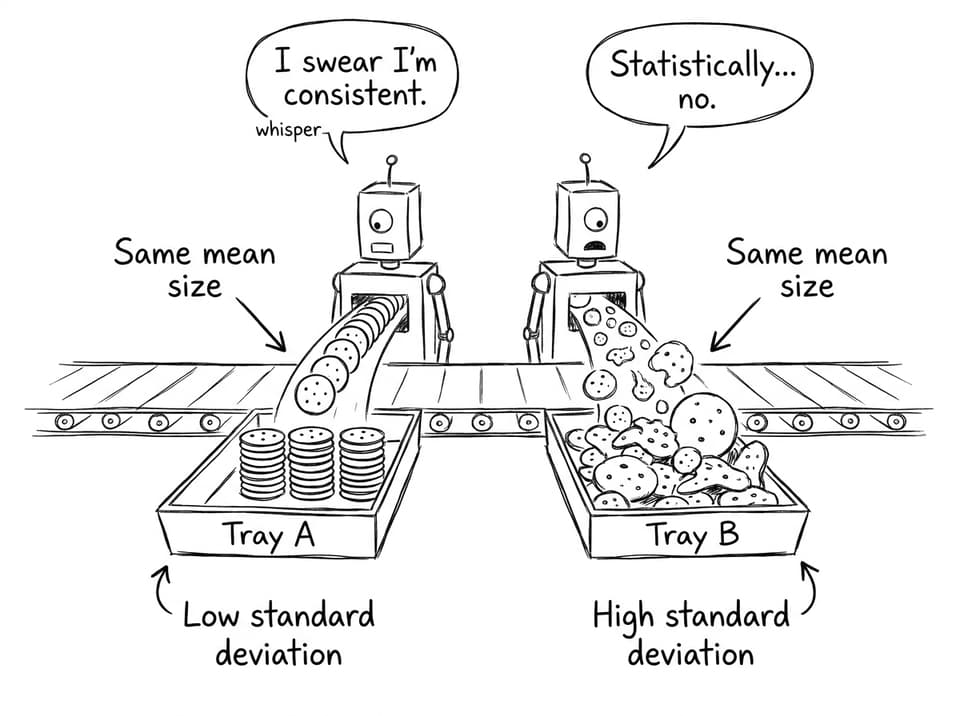 Two cookie robots: same mean, different spread