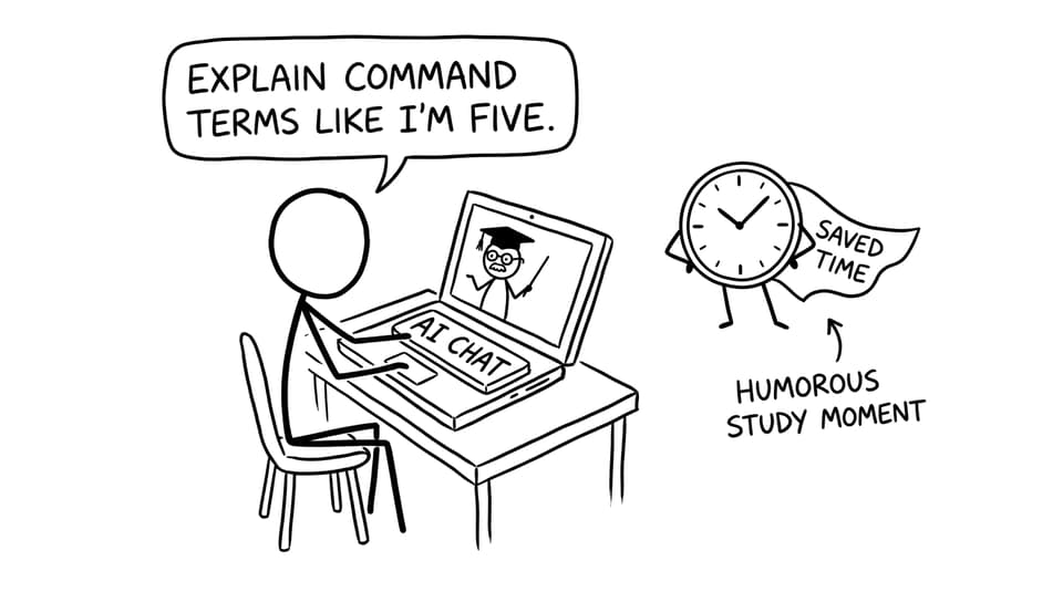 Student uses AI Chat while a cape-wearing clock celebrates saved time
