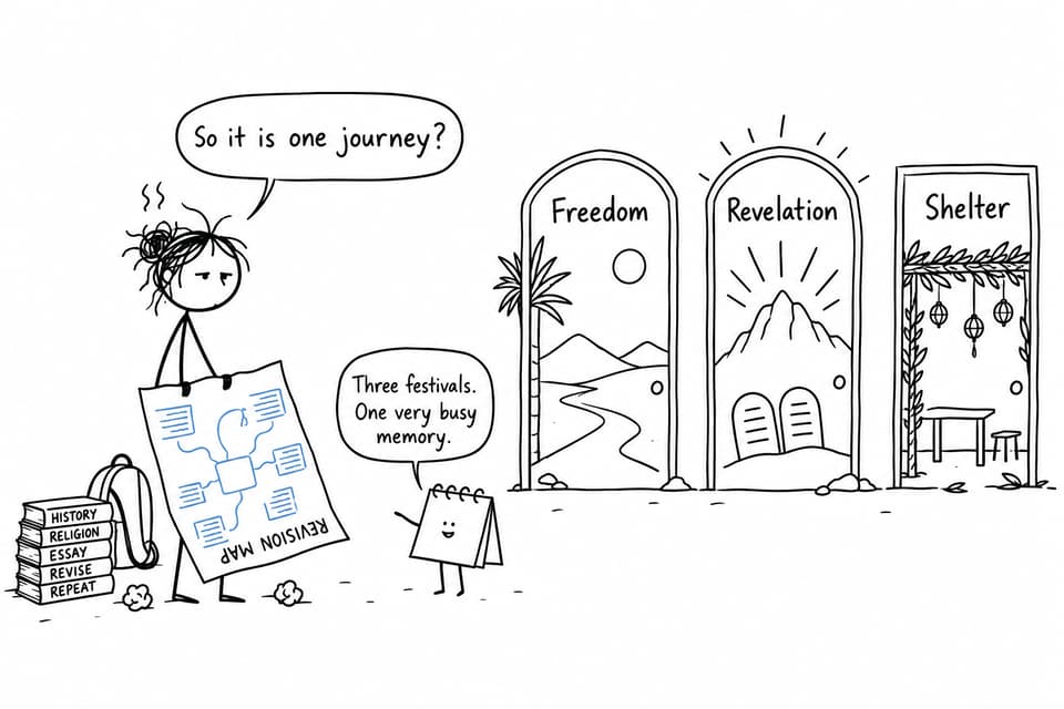A student holding an upside-down revision map faces doors marked Freedom, Revelation and Shelter while a calendar comments on the three festivals