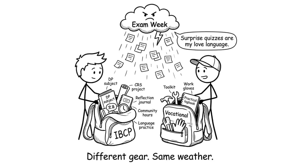 Two backpacks: IBCP vs Vocational, and Exam Week as a storm cloud