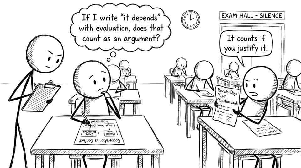 Exam hall flowchart joke about “it depends”