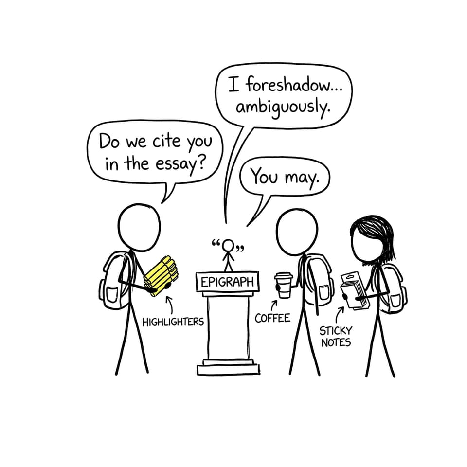 A tiny epigraph treated like a mysterious oracle in a funny comic