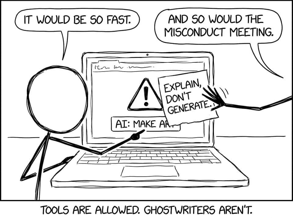 Comic about AI button and misconduct meeting