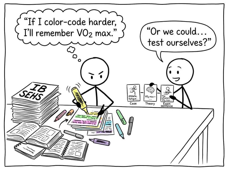 Two students debate color-coding vs testing with case-theory-exam cards