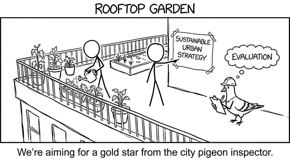 A pigeon in a hard hat “evaluates” a rooftop garden strategy