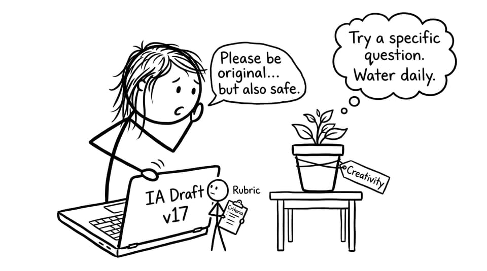 An IB student negotiates with Creativity while the Rubric watches