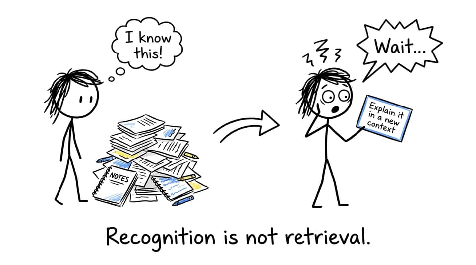 XKCD-style comic showing a student discovering that recognition is not retrieval