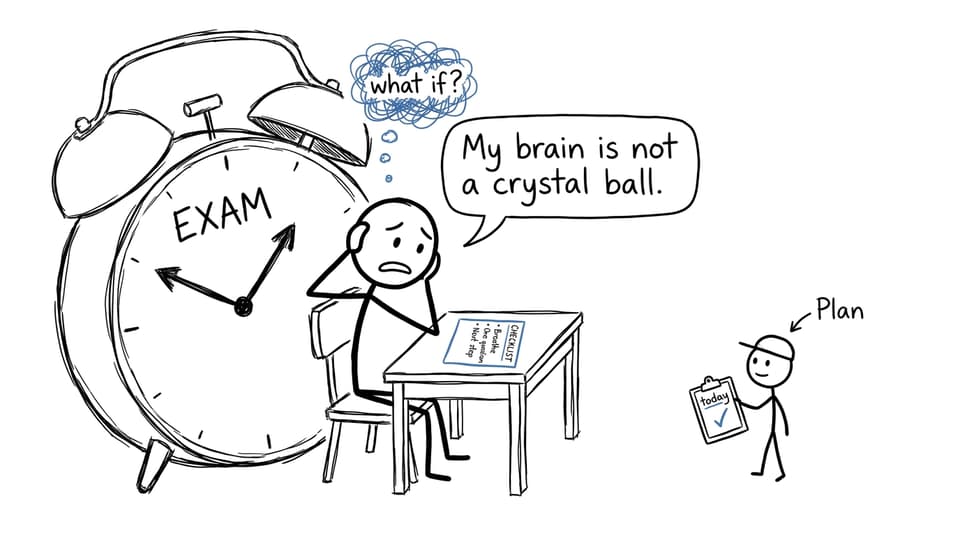 XKCD-style student reducing exam worry with breathing and one next step